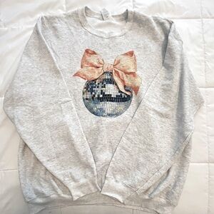 Gray Sweatshirt with Disco Ball and Pink Bow Design. Size L. NWOT